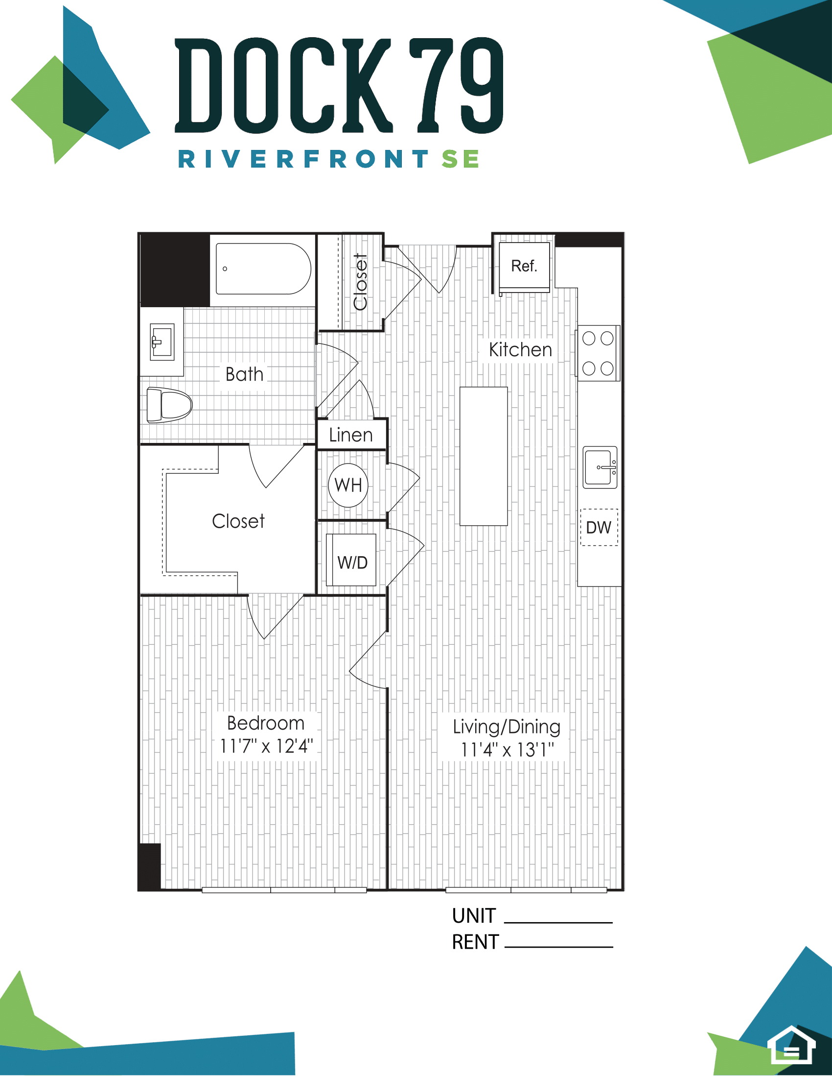 Floor plan for 1 bed, 1 bath, 727 sqft